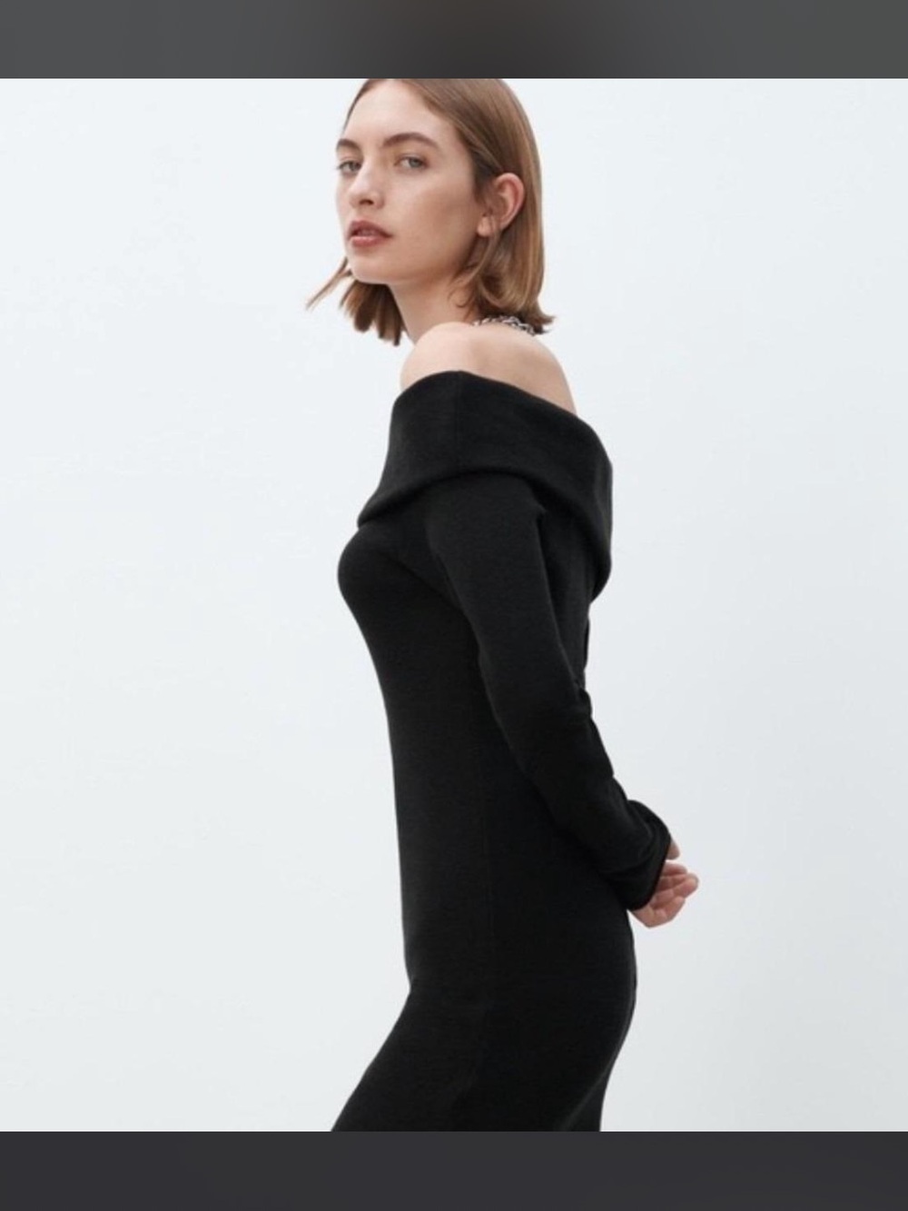 Zara Black Off-Shoulder Long-Sleeve Midi Dress - Picture 2 of 5